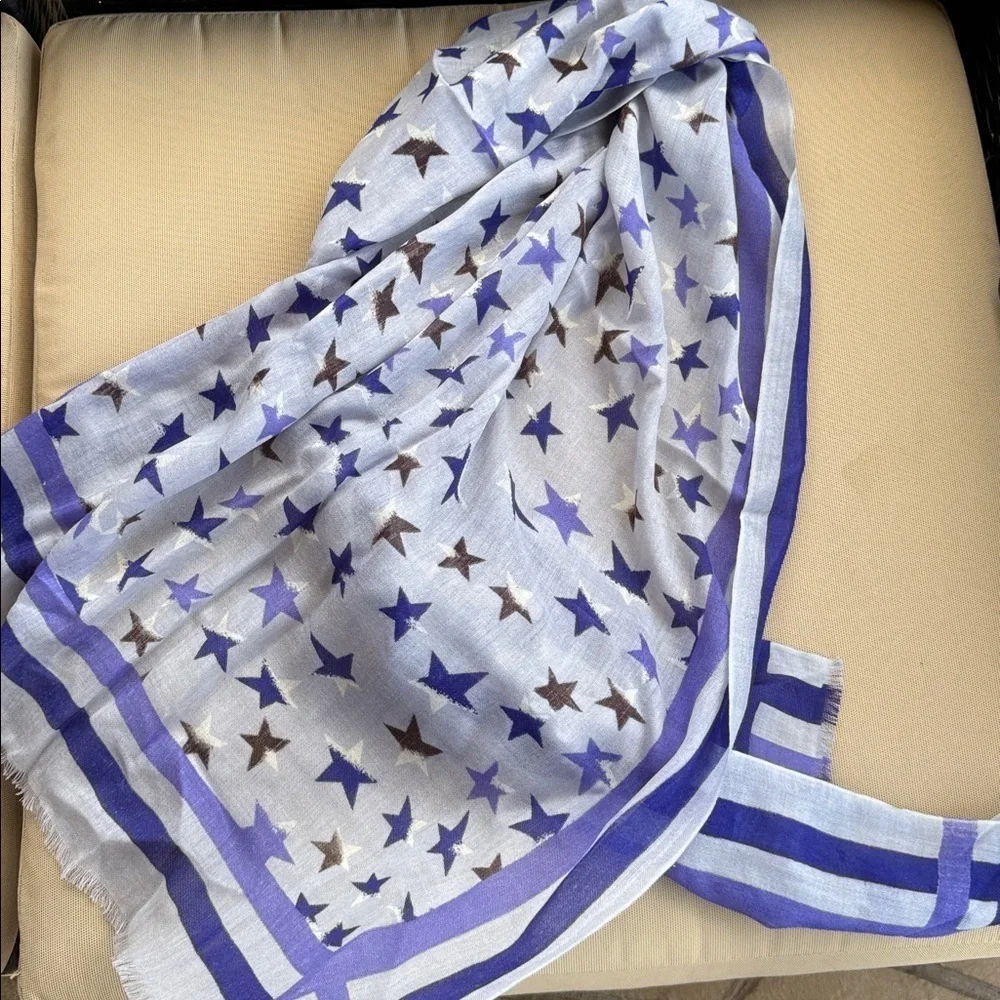 GERARD DAREL Star Patterned Gray and Blue Scarf 100% Wool